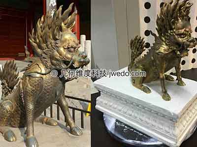 麒麟雕塑模型采用SLA光固化技术打印，精准复刻雕塑原型。后期对模型进行喷漆上色与做旧处理，获得逼真的麒麟雕塑仿制品。
